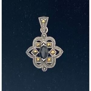 Vintage Sterling Silver Black Onyx Floral Pendant with Marcasite Accents